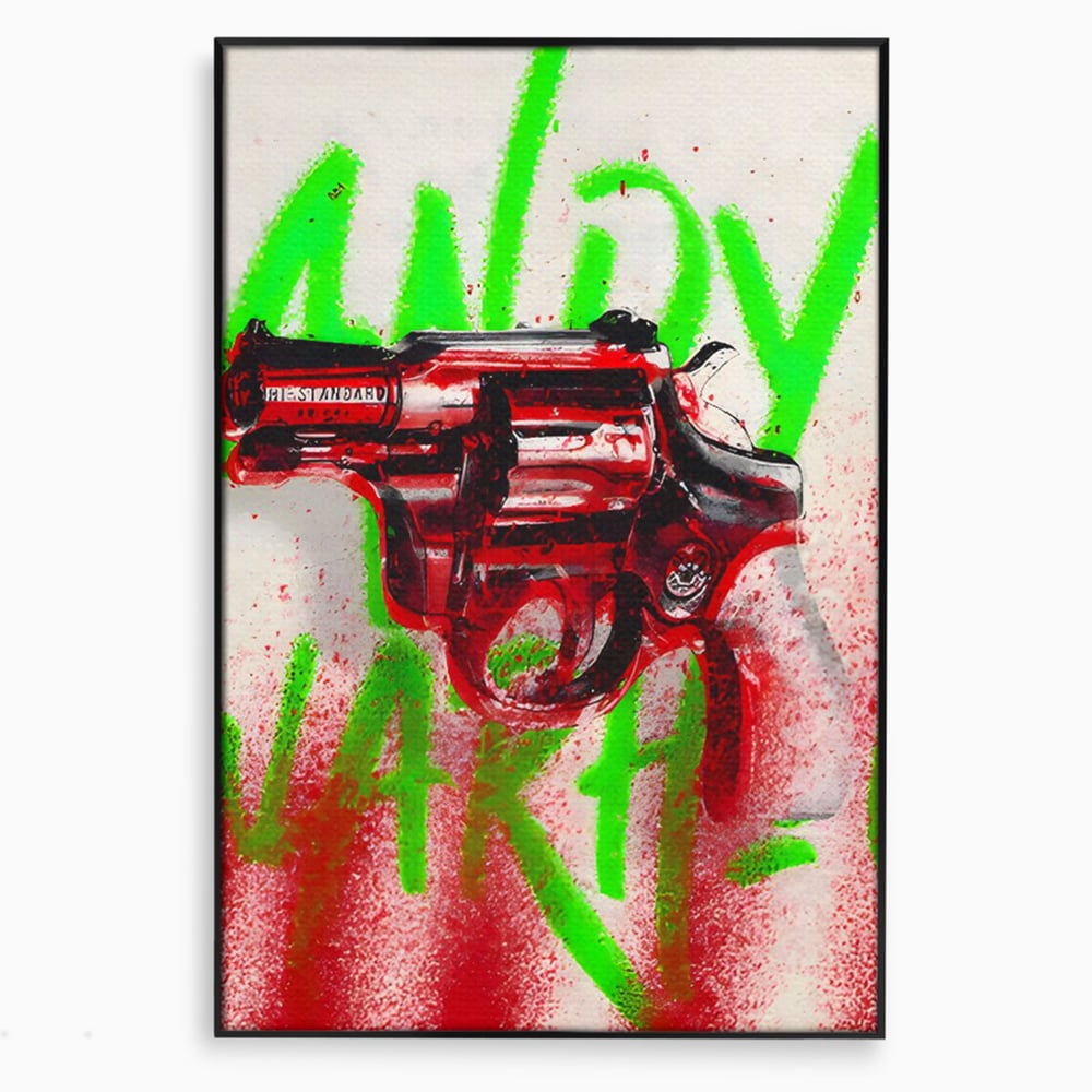 Tablou canvas cu tablou canvas cu pistol rosu si graffiti, in rama de aluminiu negru